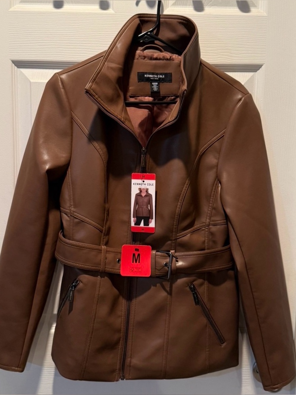 Kenneth Cole Brown Faux Leather Belted Jacket